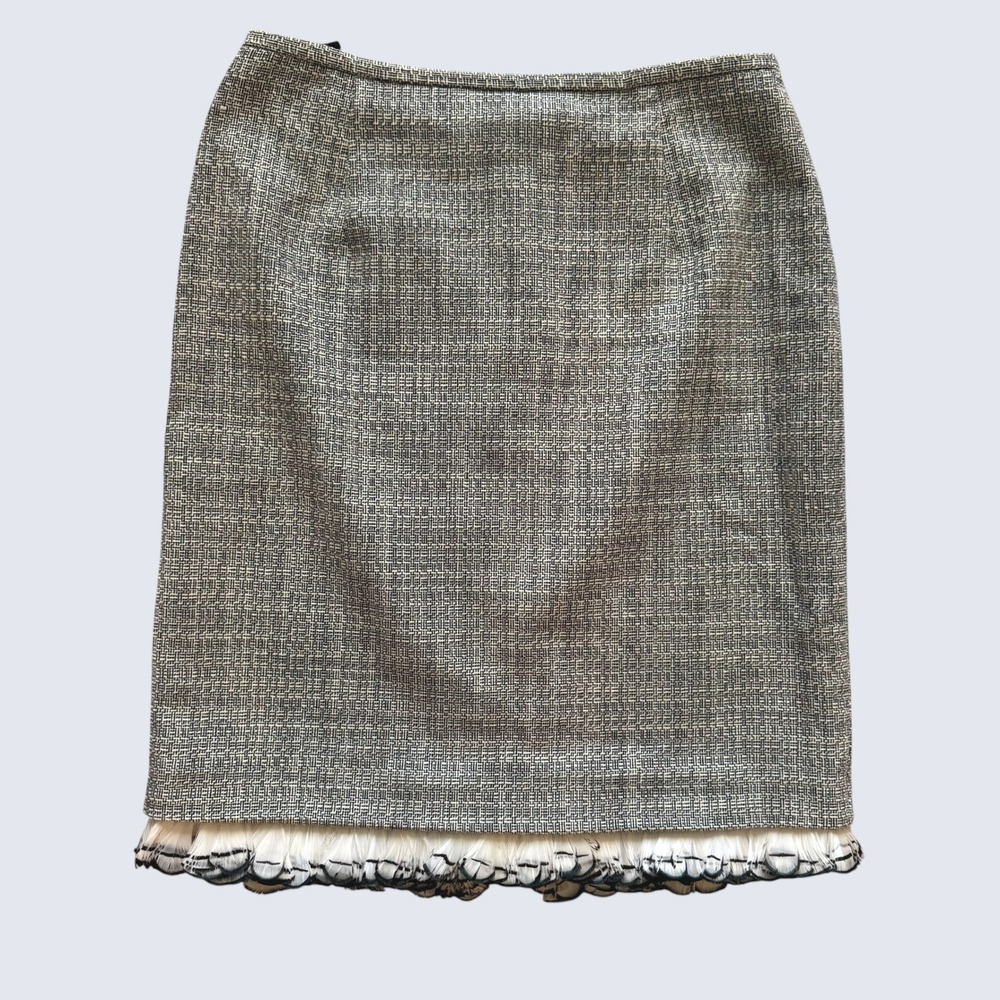Kay Unger New York Tweed Pencil Skirt Feather Trim Gray sz 12 Vintage old money